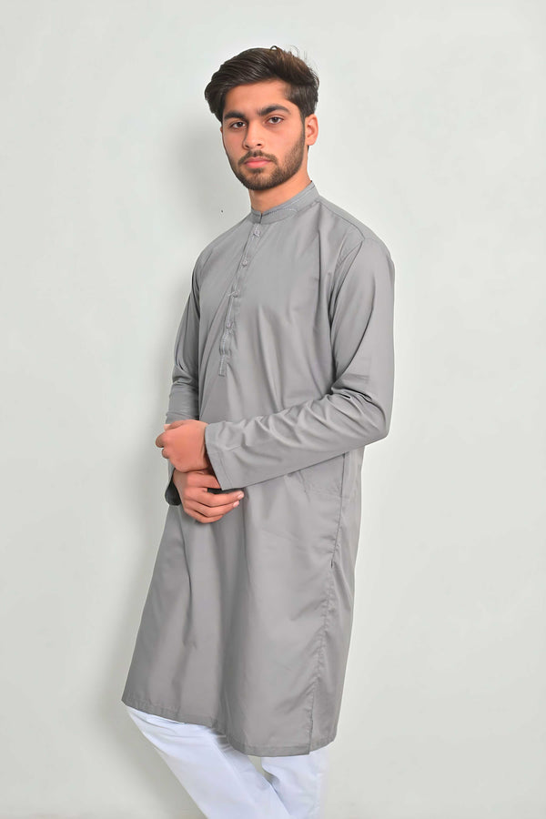Elo Hud Hud Men's Lokeren Mandarin Collar Stitched Kurta Grey