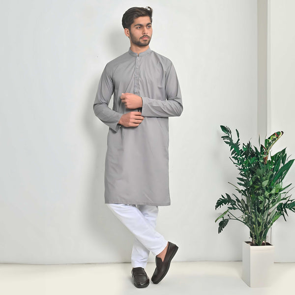 elo Hud Hud Men's Lokeren Mandarin Collar Stitched Kurta Grey