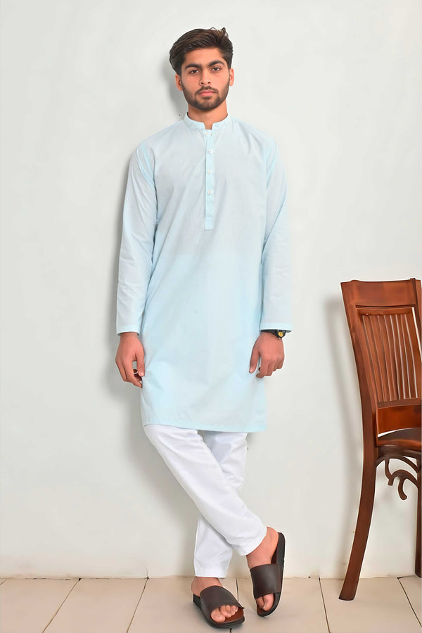 Elo Hud Hud Men's Mandarin Collar Stitched Kurta Light Turquoise