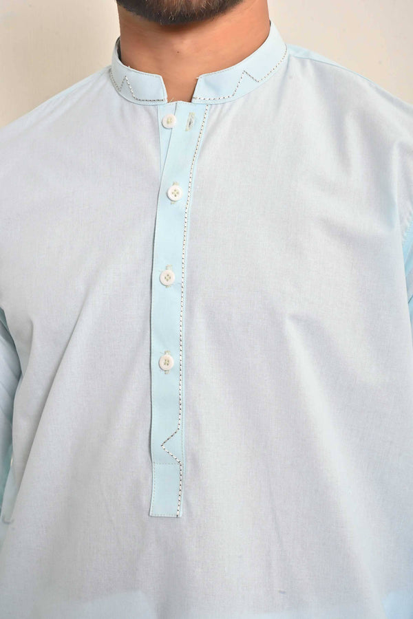 Elo Hud Hud Men's Mandarin Collar Stitched Kurta Light Turquoise