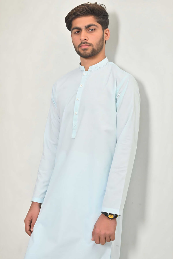 Elo Hud Hud Men's Mandarin Collar Stitched Kurta Light Turquoise