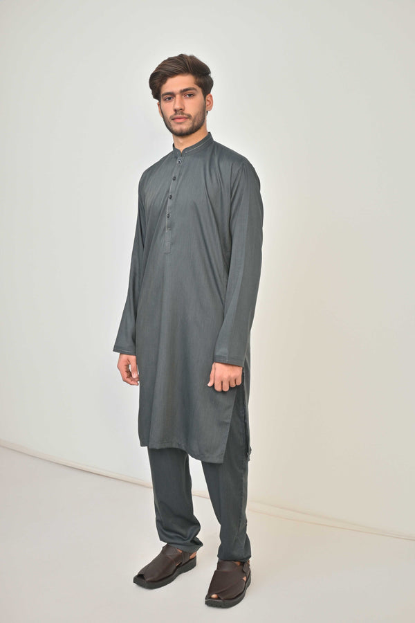 Elo Hud Hud Men's Mandarin Collar Stitched Kurta Trousers Graphite