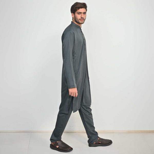 elo Hud Hud Men's Mandarin Collar Stitched Kurta Trousers Graphite