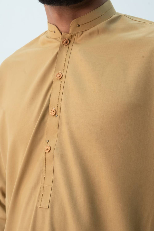 Elo Hud Hud Men's Mandarin Collar Stitched Suit Shalwar Kameez Brown