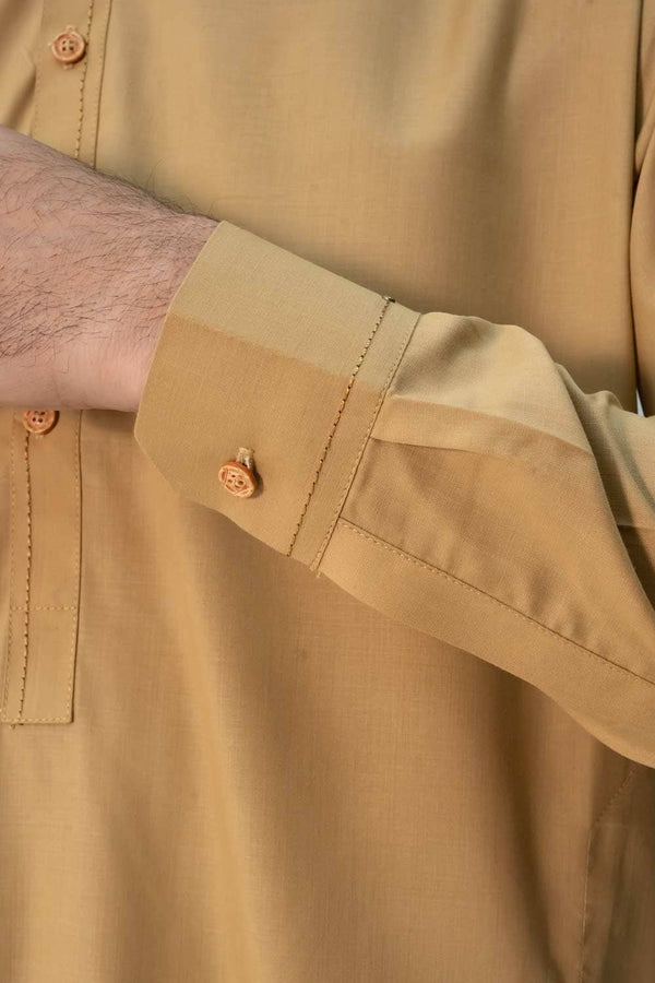 Elo Hud Hud Men's Mandarin Collar Stitched Suit Shalwar Kameez Brown