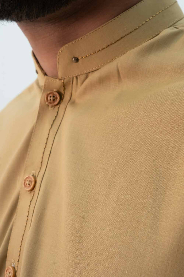 Elo Hud Hud Men's Mandarin Collar Stitched Suit Shalwar Kameez Brown