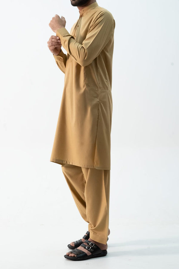 elo Hud Hud Men's Mandarin Collar Stitched Suit Shalwar Kameez Brown