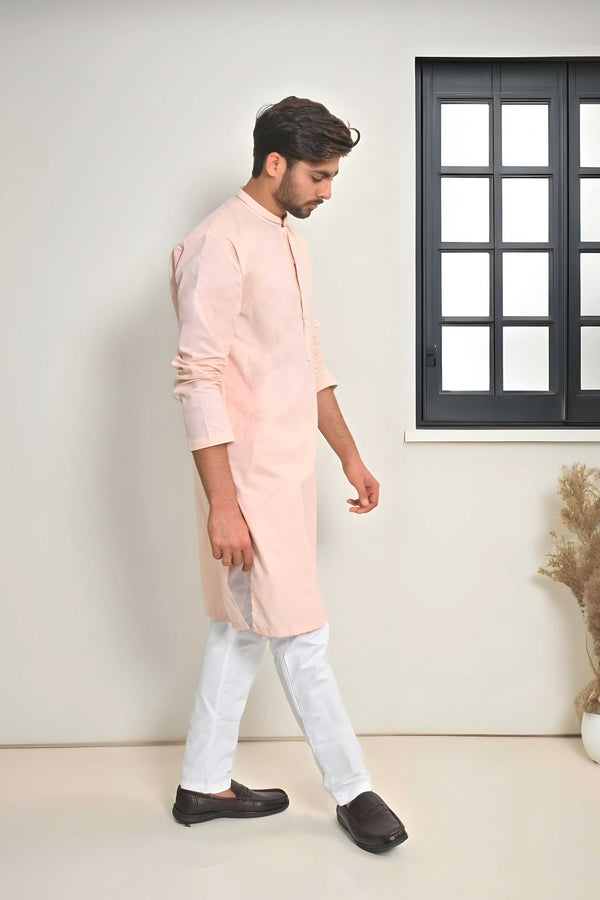Elo Hud Hud Men's Verviers Mandarin Collar Stitched Kurta Peach