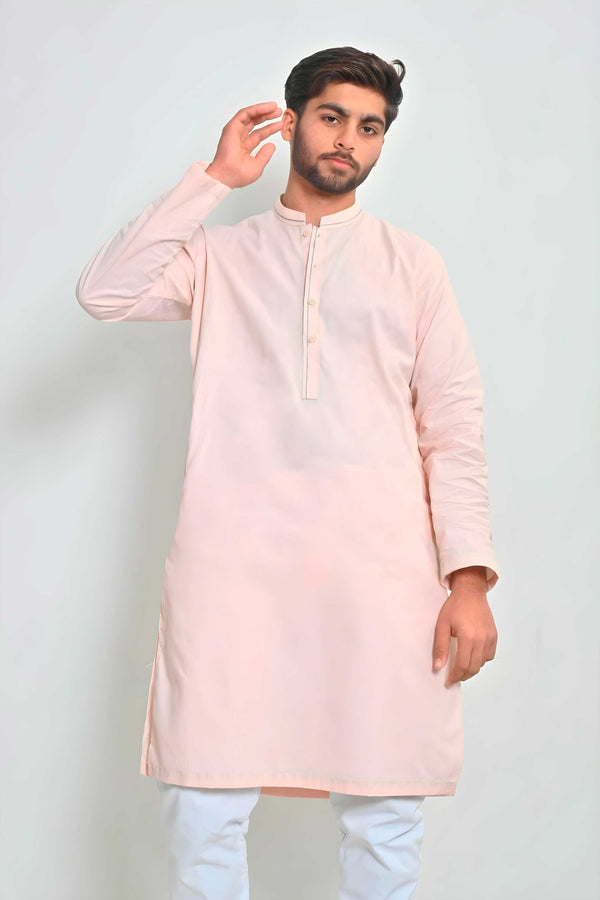 Elo Hud Hud Men's Verviers Mandarin Collar Stitched Kurta Peach