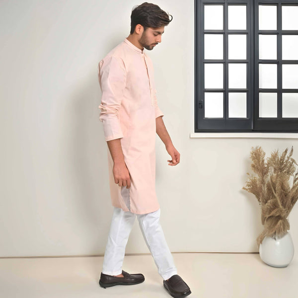 elo Hud Hud Men's Verviers Mandarin Collar Stitched Kurta Peach