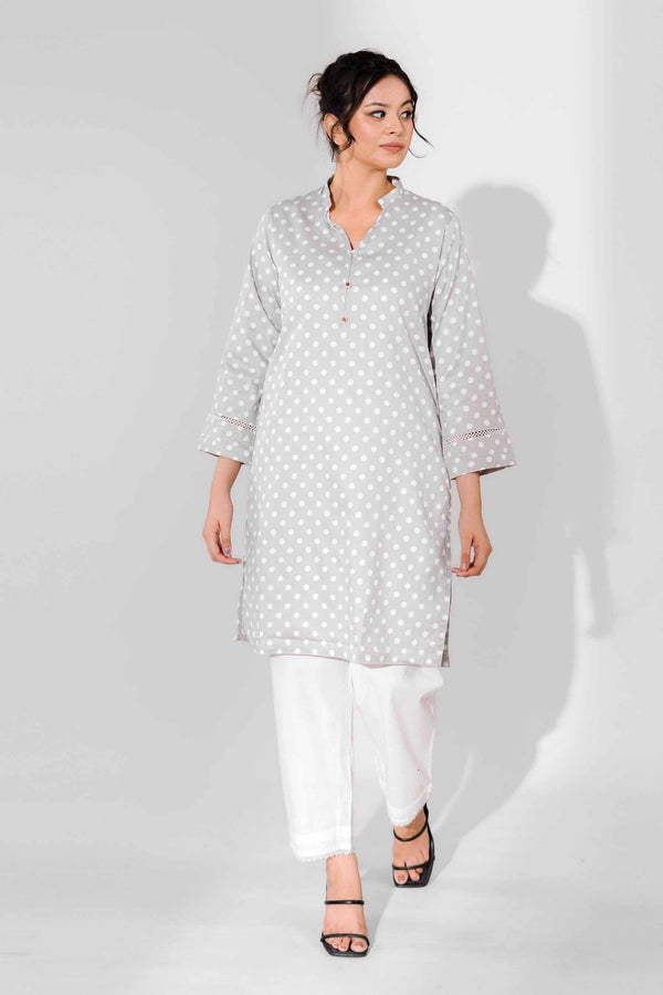 Elo Hud Hud Women's Dots Printed V Neck Style Stitched Kurti Grey