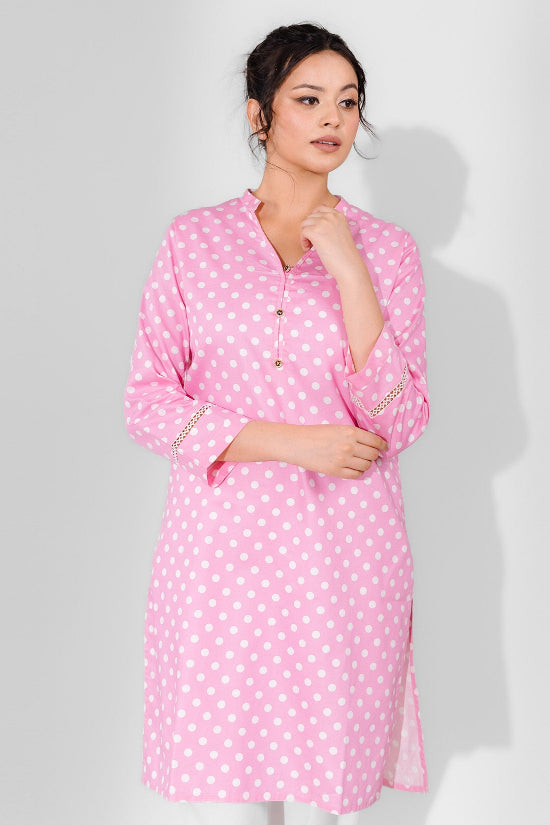 Elo Hud Hud Women's Dots Printed V Neck Style Stitched Kurti Grey