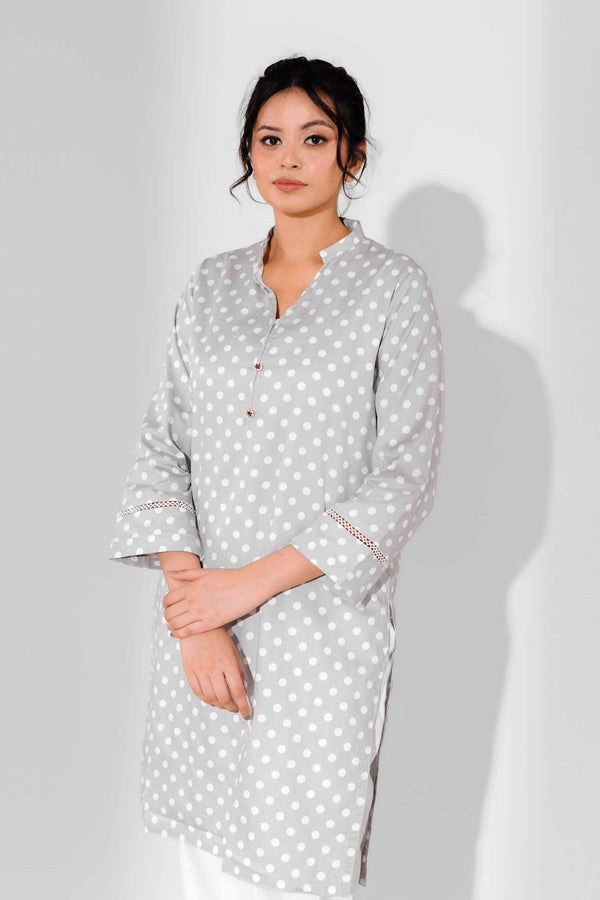 elo Hud Hud Women's Dots Printed V Neck Style Stitched Kurti Grey