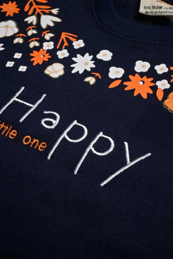 Elo Kid's Floral Printed Happy Little One Fleece Sweat Shirt Blue