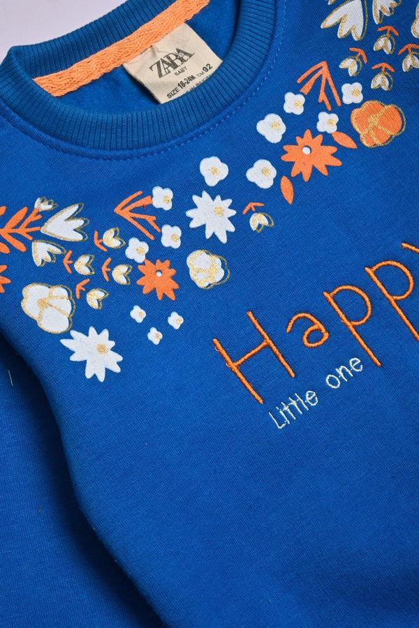 Elo Kid's Floral Printed Happy Little One Fleece Sweat Shirt Blue
