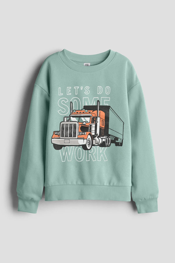 Elo Kiki & Koko Boy's Let's Do Some Work Printed Fleece Sweat Shirt Mint Green