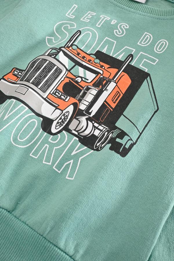 Elo Kiki & Koko Boy's Let's Do Some Work Printed Fleece Sweat Shirt Mint Green