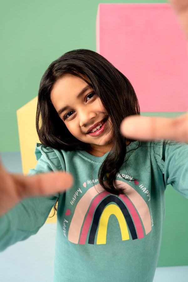 Elo Kiki & Koko Girl's Rainbow Printed Fleece Sweat Shirt Mint Green