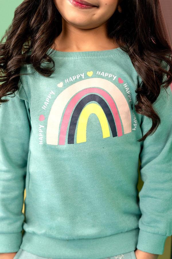 elo Kiki & Koko Girl's Rainbow Printed Fleece Sweat Shirt Mint Green
