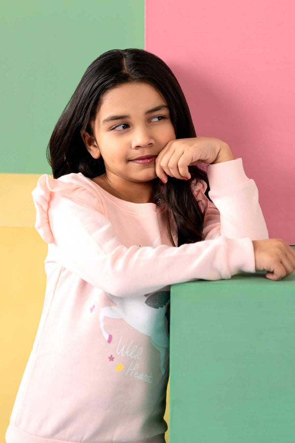 Elo Kiki & Koko Girl's Unicorn Printed Fleece Sweat Shirt Powder Pink