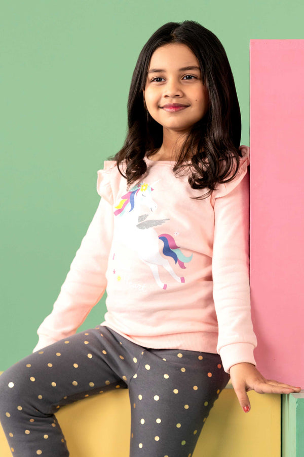 elo Kiki & Koko Girl's Unicorn Printed Fleece Sweat Shirt Powder Pink