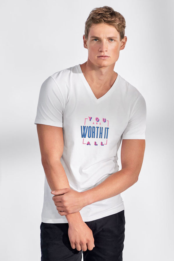 Elo LE Men's CEO Worth It Printed V-Neck Short Sleeve Tee Shirt White