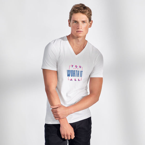elo LE Men's CEO Worth It Printed V-Neck Short Sleeve Tee Shirt White