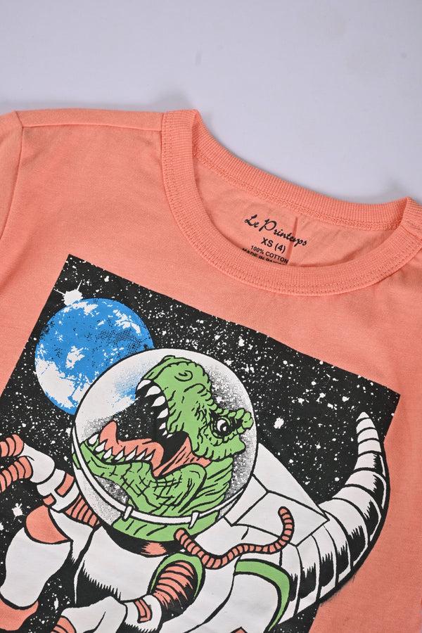 Elo Le Printemps Boy's Dinosaur Printed Tee Shirt Powder Pink