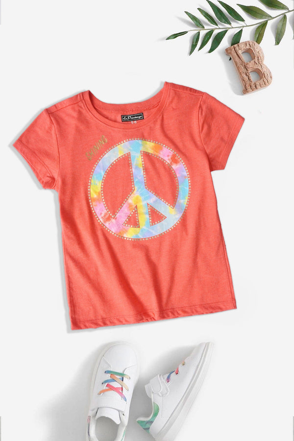 Elo Le Printemps Girl's Peace Sign Printed Tee Shirt Coral Red