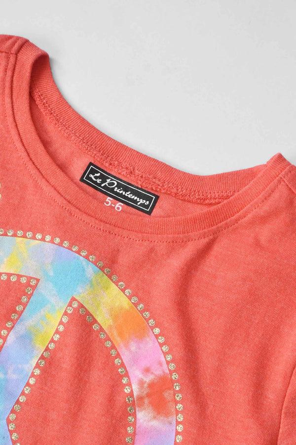 Elo Le Printemps Girl's Peace Sign Printed Tee Shirt Coral Red
