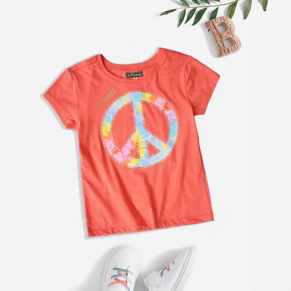 elo Le Printemps Girl's Peace Sign Printed Tee Shirt Coral Red