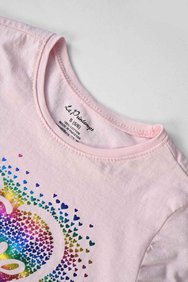 Elo Le Printemps Girl's Rainbow Heart Love Printed Tee Shirt Pink