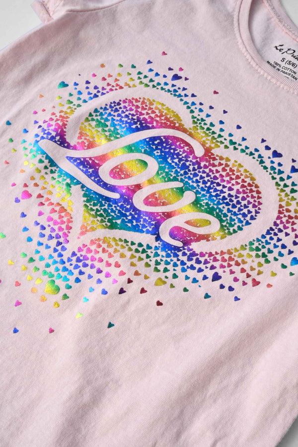 Elo Le Printemps Girl's Rainbow Heart Love Printed Tee Shirt Pink