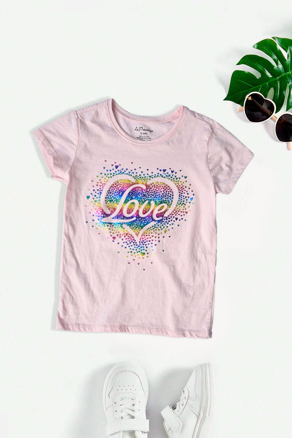 elo Le Printemps Girl's Rainbow Heart Love Printed Tee Shirt Pink