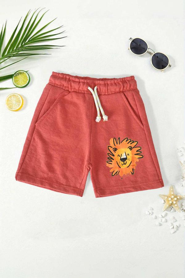 elo LFT Boy's Lion Printed Classic Terry Shorts Red