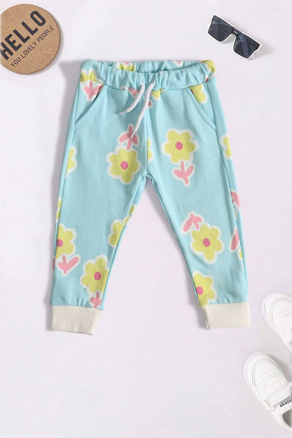 elo LFT Kid's Daisy Floral Printed Design Terry Jogger Pants Sky