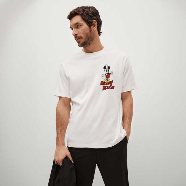 elo LFT Men's Mickey Mouse Printed Short Sleeves Crew Neck Tee Shirt Off White