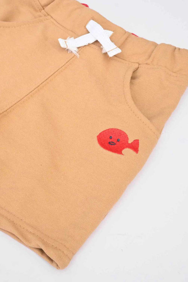 Elo Little Junior Kid's Fish Embroidered Terry Shorts Brown