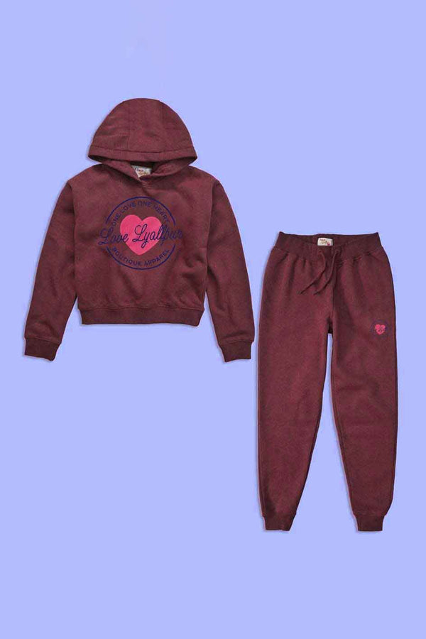 elo Love Lyallpur Girl's Heart Printed Fleece Hooded Crop Top Suit Burgundy & Blue