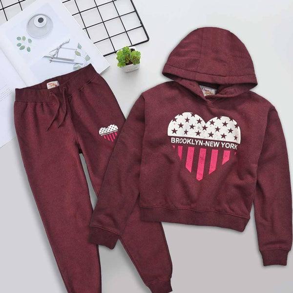 Elo Love Lyalpur Girl's Heart Printed Fleece Hooded Crop Top Suit Burgundy & Blue