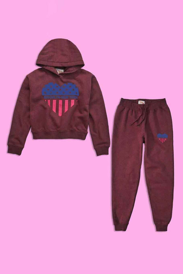 elo Love Lyalpur Girl's Heart Printed Fleece Hooded Crop Top Suit Burgundy & Blue