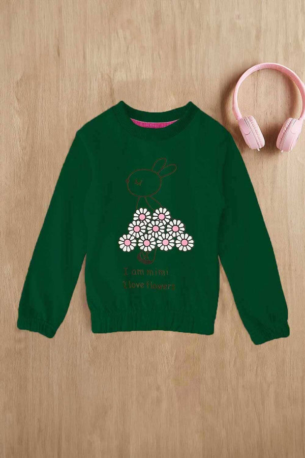 elo Lyallpur Girl's I Love Flower Printed Sweat Shirt Bottle Green & Black
