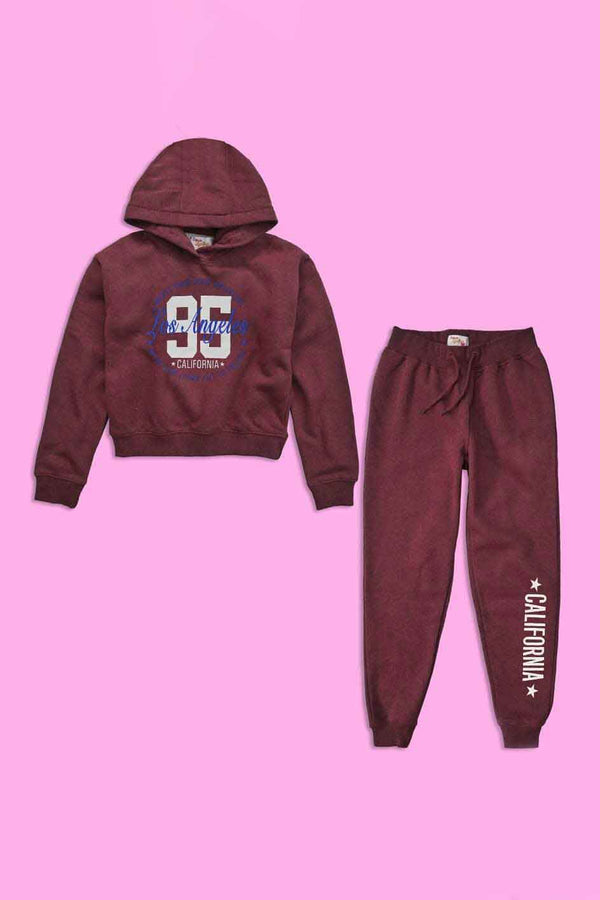 elo Lyallpur Girl's Los Angeles Printed Fleece Hooded Crop Top Suit Burgundy & Blue