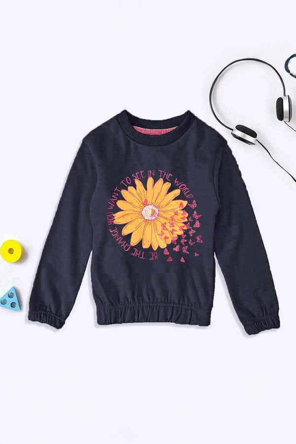 elo Lyallpur Girl's Sun Flower Printed Terry Sweat Shirt Navy