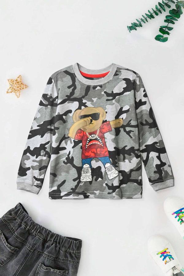 elo Max 21 Kid's Camo Style Bear Printed Long Sleeve Tee Shirt Camo Grey