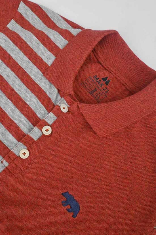 Elo Max 21 Men's Bear Embroidered Stripe Style Polo Shirt Brick & Grey