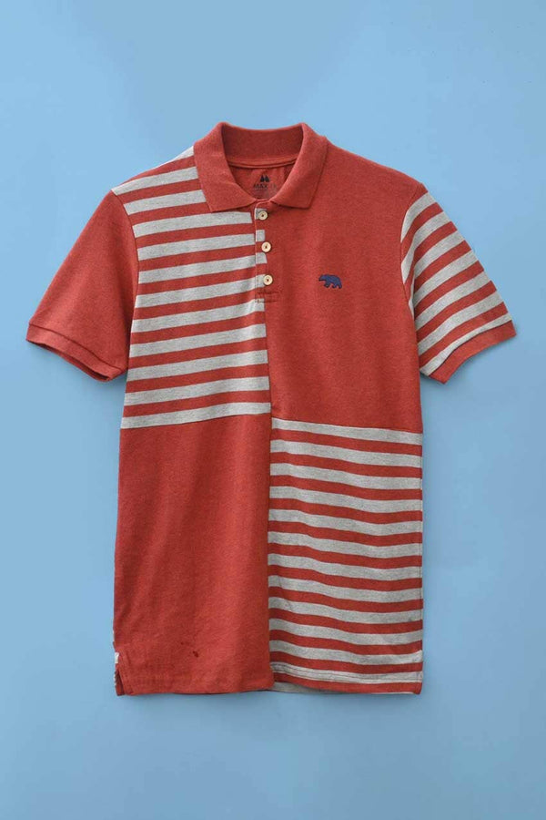 elo Max 21 Men's Bear Embroidered Stripe Style Polo Shirt Brick & Grey