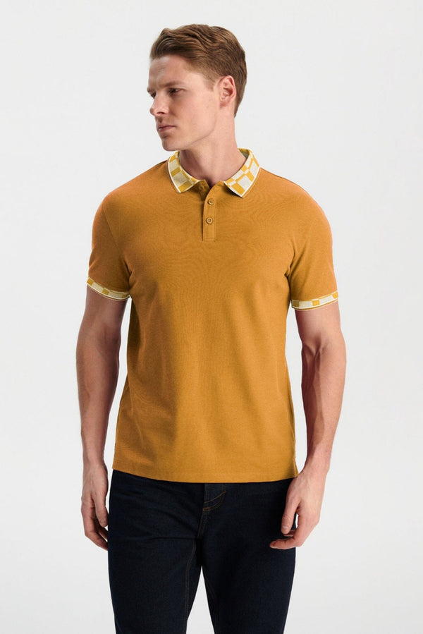 elo Max 21 Men's Check Collar Design Polo Shirt Mustard
