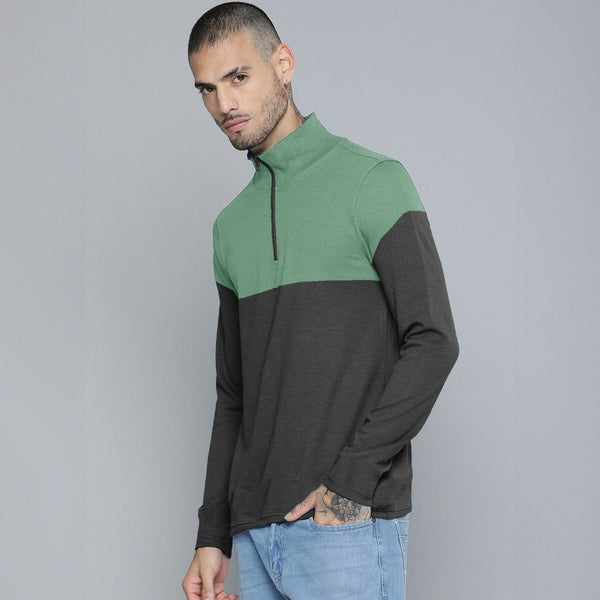 Elo Max 21 Men's Contrast Design Quarter Zipper Fleece Sweat Shirt Black & Beige