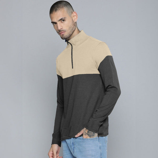 elo Max 21 Men's Contrast Design Quarter Zipper Fleece Sweat Shirt Black & Beige